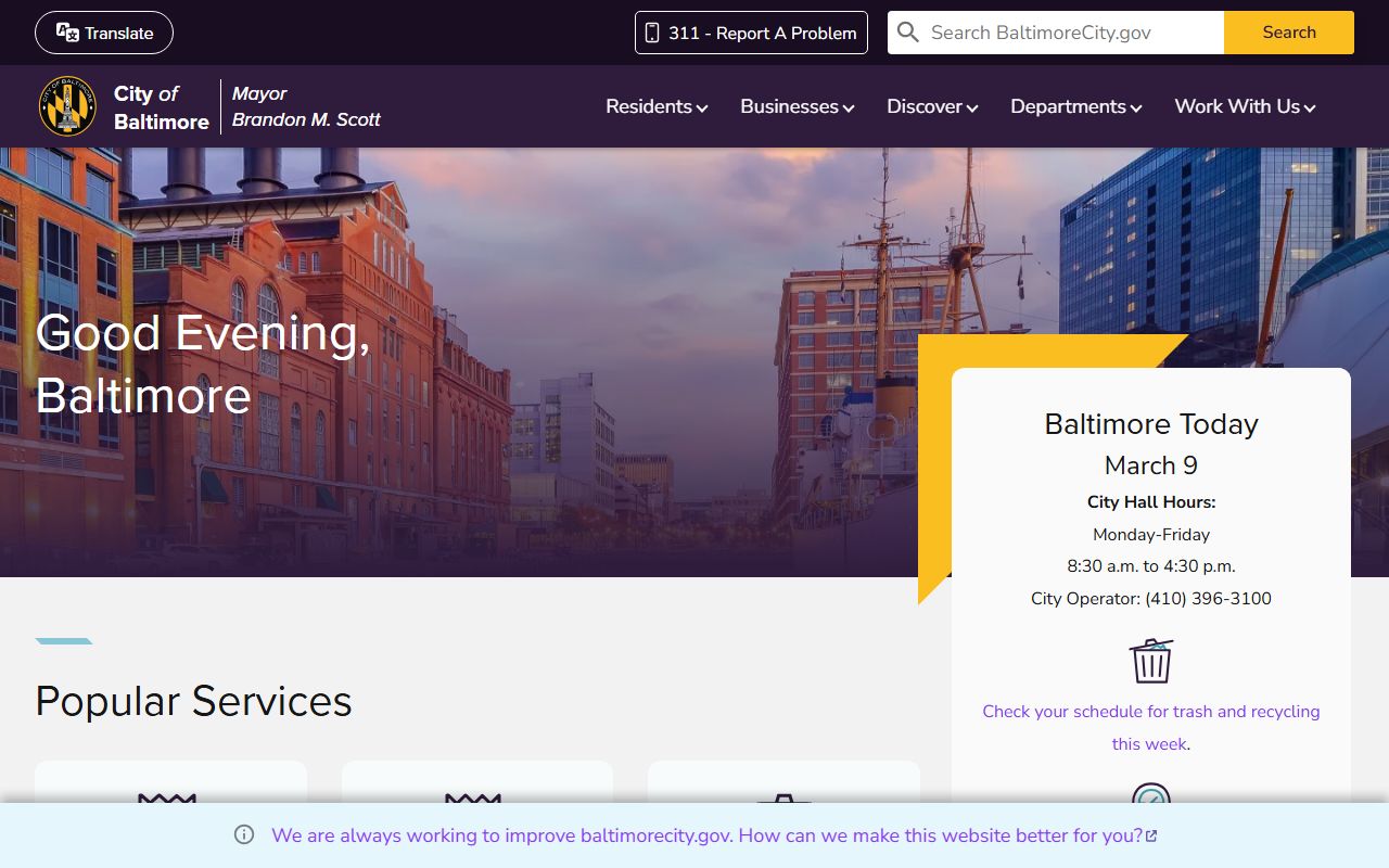 Baltimore City government homepage with links to sex offender records and public safety resources