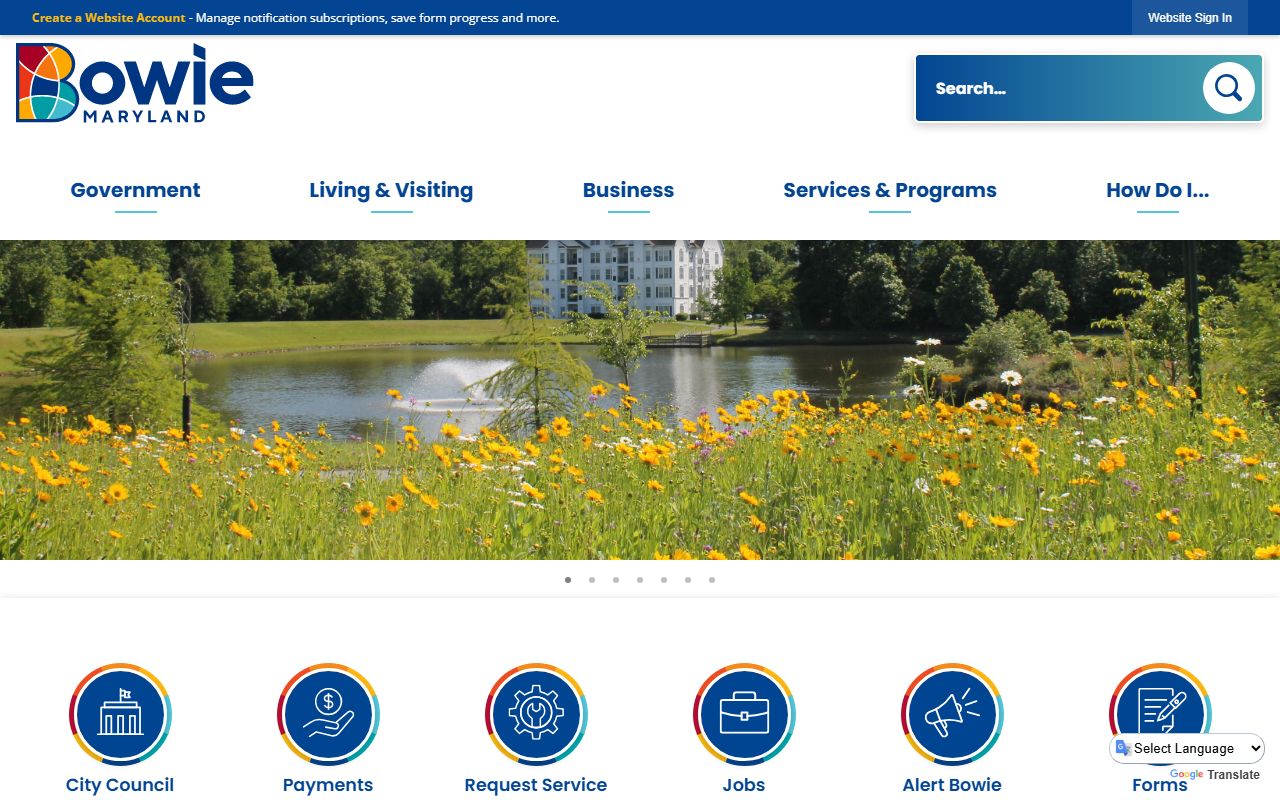 City of Bowie website showing local government services and community resources for Bowie sex offender information