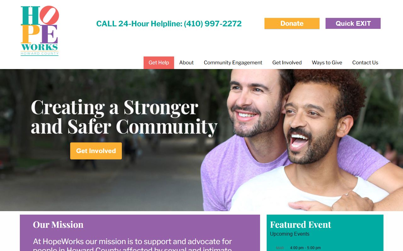 HopeWorks Howard County victim services homepage for Columbia sex assault survivors