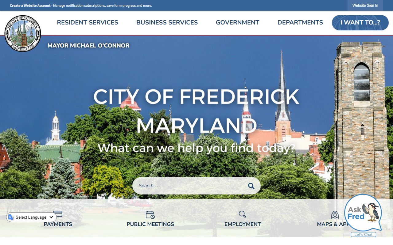 City of Frederick Maryland government homepage showing links to public safety and sex offender records