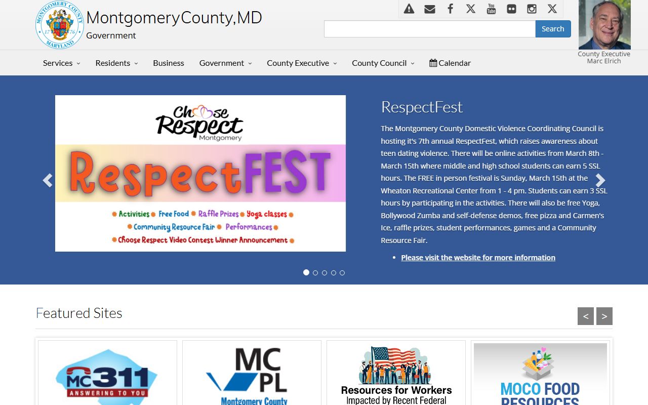 Montgomery County Maryland government homepage with sex offender registry and police contacts for Germantown