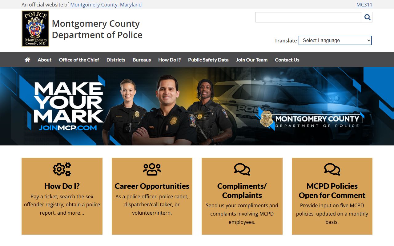 Montgomery County Police Department website showing law enforcement coverage and registration resources for North Bethesda sex offenders
