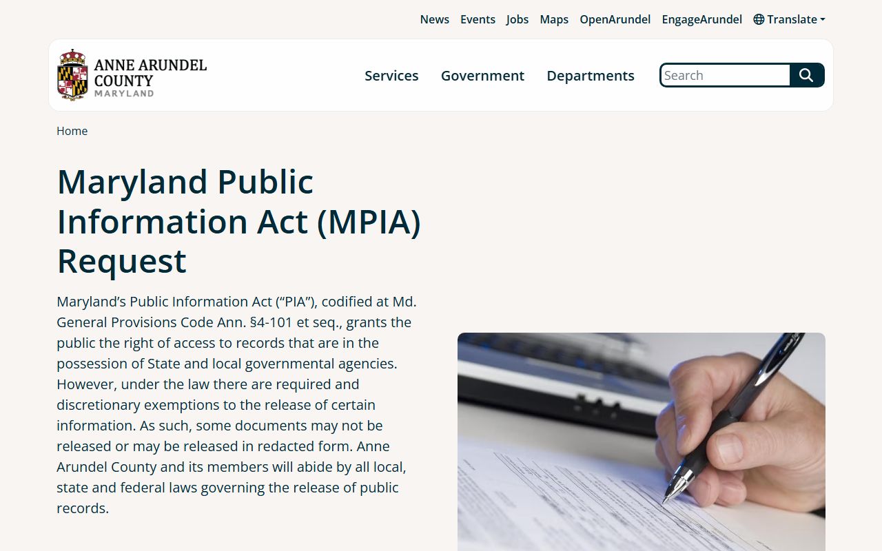 Anne Arundel County MPIA public records request portal for police records