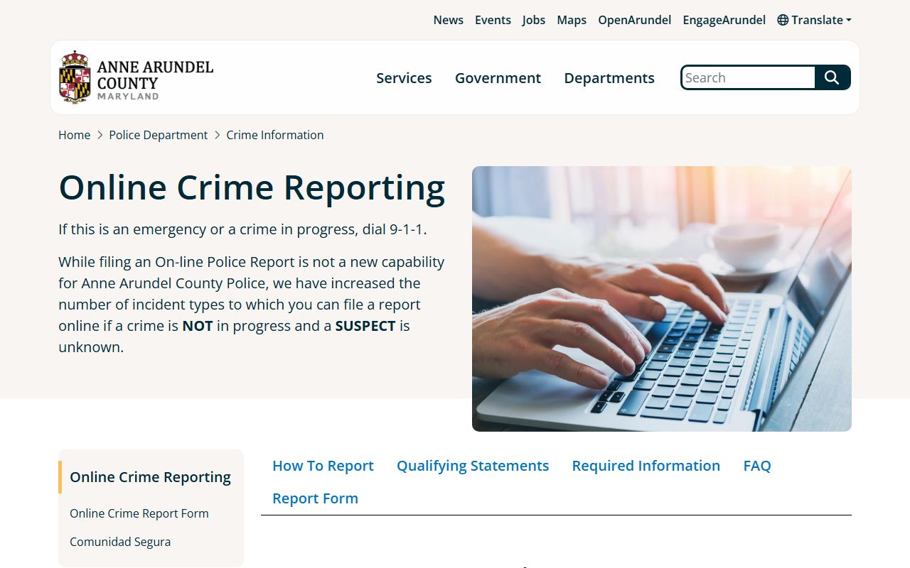Anne Arundel County online crime reporting system showing reportable crime types