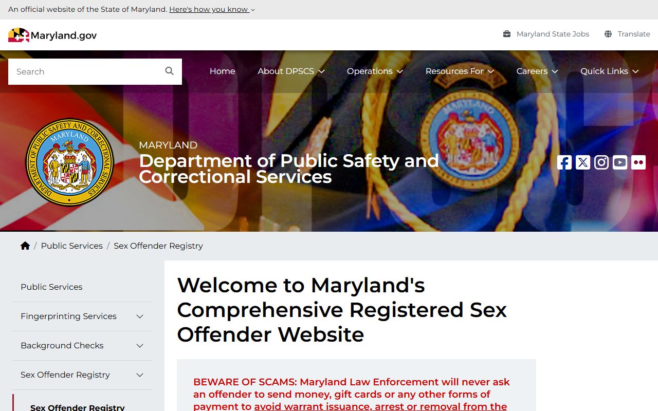 Maryland DPSCS sex offender registry homepage search interface